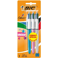 Bic 4 Colours Shine Pack De 3 Boligrafos De Bola Retractil - Punta De 1Mm - Trazo De 0.4Mm - Tinta Con Base De Aceite - Cuerpo Oro Blanco - 4 Colores